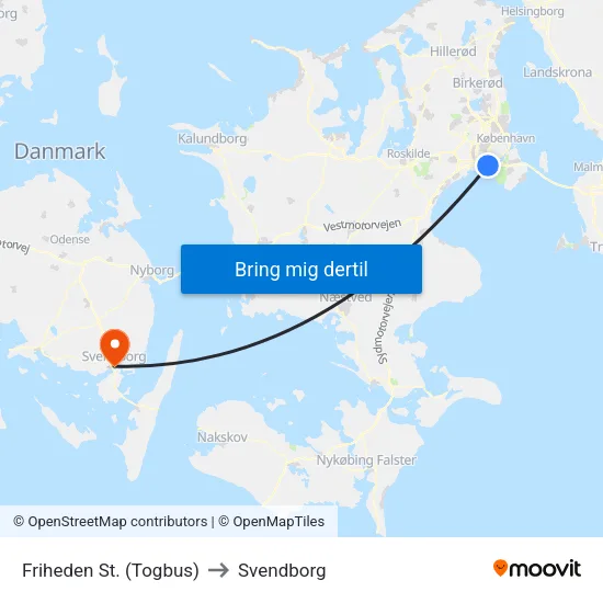 Friheden St. (Togbus) to Svendborg map