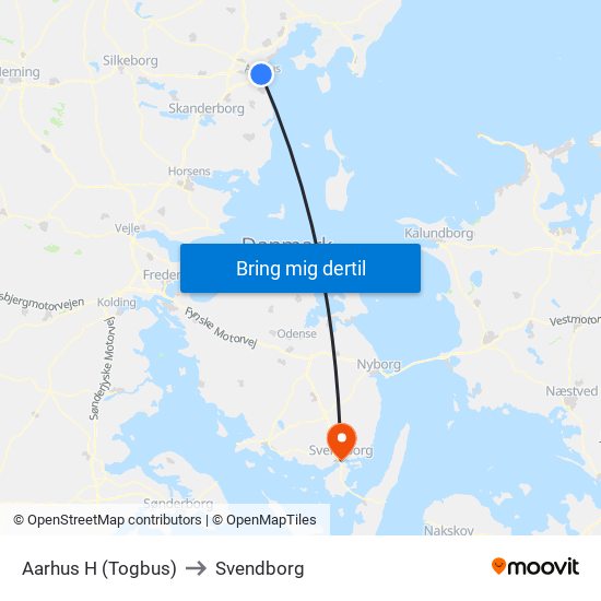Aarhus H (Togbus) to Svendborg map