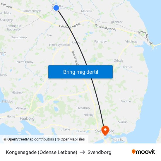 Kongensgade (Odense Letbane) to Svendborg map
