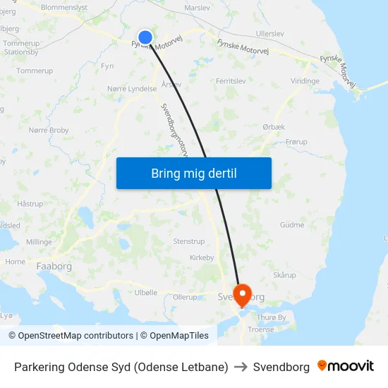 Parkering Odense Syd (Odense Letbane) to Svendborg map