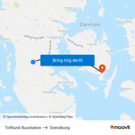 Toftlund Busstation to Svendborg map