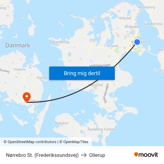 Nørrebro St. (Frederikssundsvej) to Ollerup map