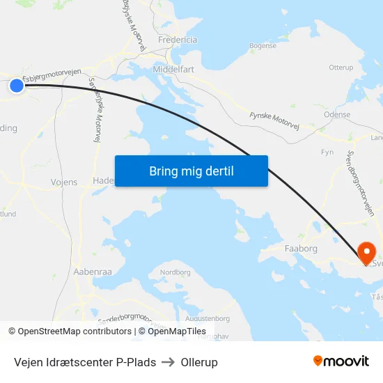 Vejen Idrætscenter P-Plads to Ollerup map