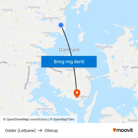 Odder (Letbane) to Ollerup map