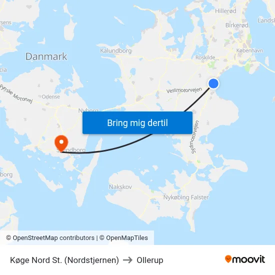 Køge Nord St. (Nordstjernen) to Ollerup map