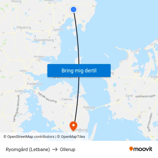 Ryomgård (Letbane) to Ollerup map