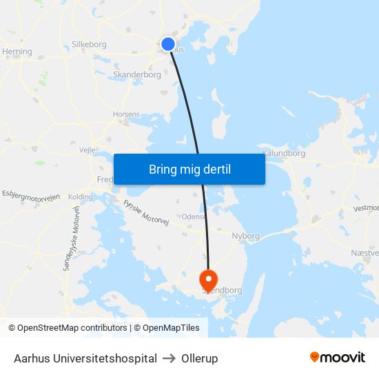 Aarhus Universitetshospital to Ollerup map
