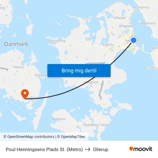 Poul Henningsens Plads St. (Metro) to Ollerup map