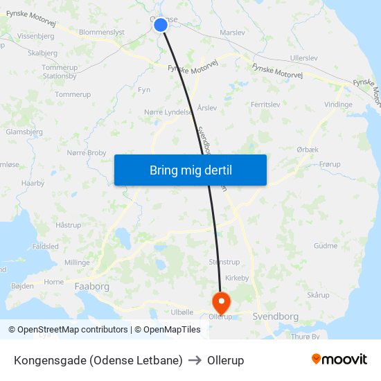 Kongensgade (Odense Letbane) to Ollerup map
