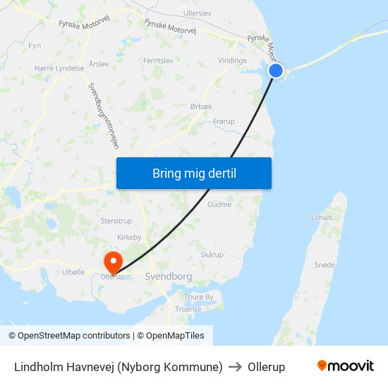 Lindholm Havnevej (Nyborg Kommune) to Ollerup map