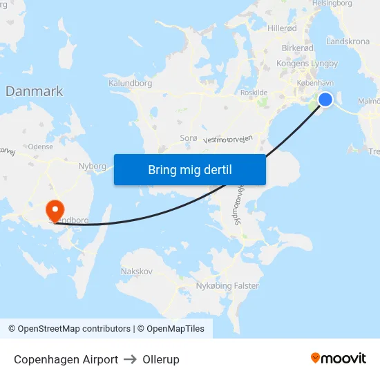 Copenhagen Airport to Ollerup map