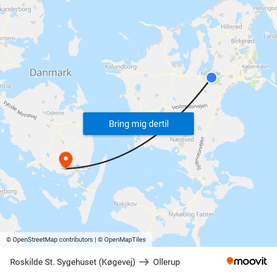 Roskilde St. Sygehuset (Køgevej) to Ollerup map