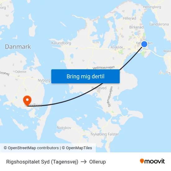 Rigshospitalet Syd (Tagensvej) to Ollerup map