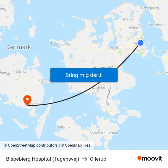 Bispebjerg Hospital (Tagensvej) to Ollerup map