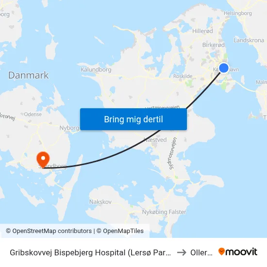 Gribskovvej Bispebjerg Hospital (Lersø Parkallé) to Ollerup map