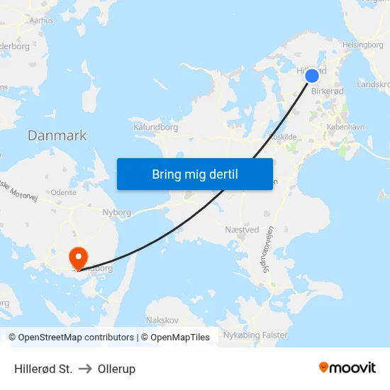 Hillerød St. to Ollerup map
