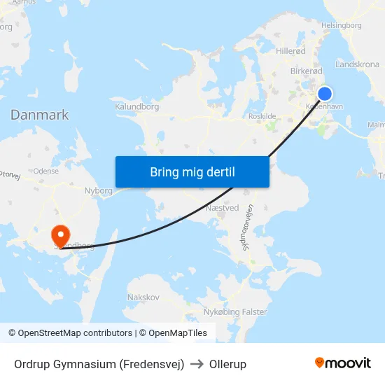 Ordrup Gymnasium (Fredensvej) to Ollerup map