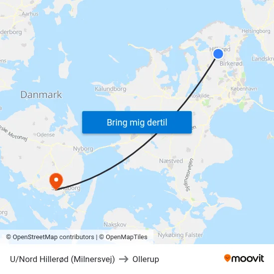 U/Nord Hillerød (Milnersvej) to Ollerup map