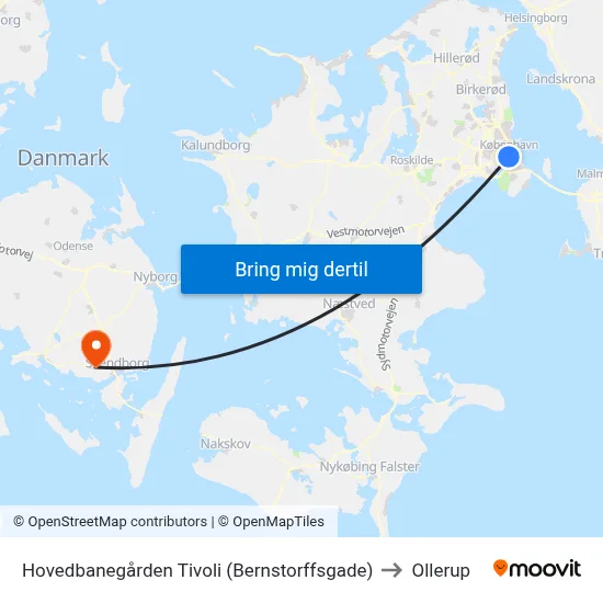 Hovedbanegården Tivoli (Bernstorffsgade) to Ollerup map