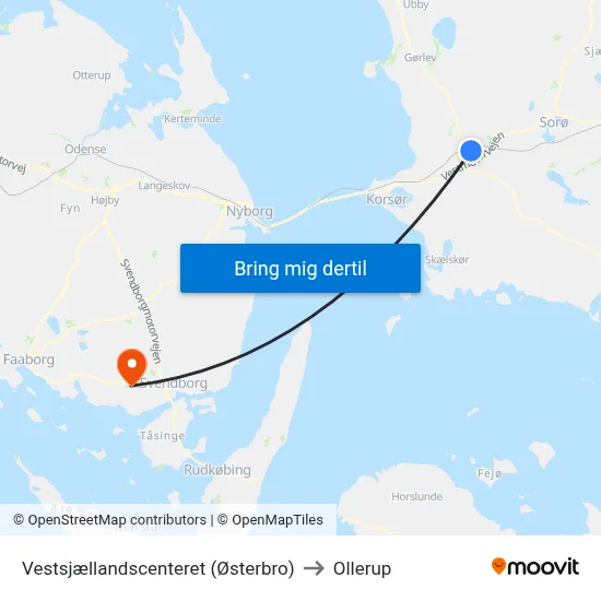 Vestsjællandscenteret (Østerbro) to Ollerup map