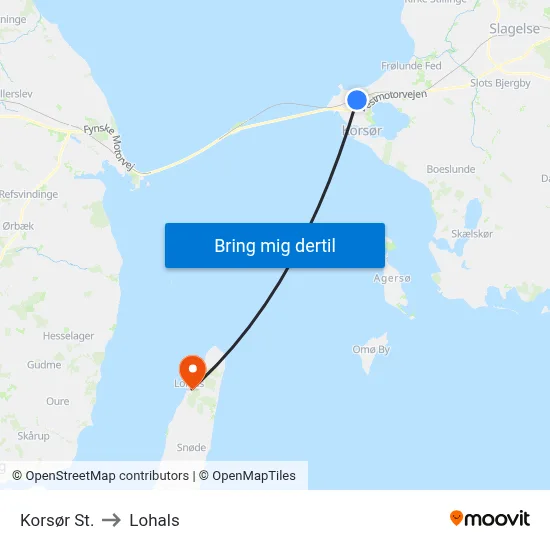 Korsør St. to Lohals map