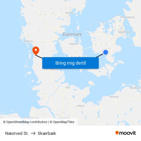 Næstved St. to Skærbæk map