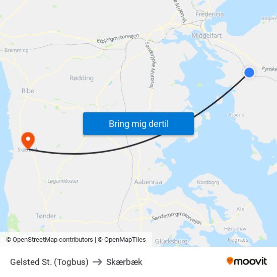 Gelsted St. (Togbus) to Skærbæk map