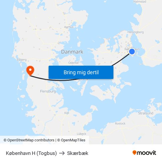 København H (Togbus) to Skærbæk map