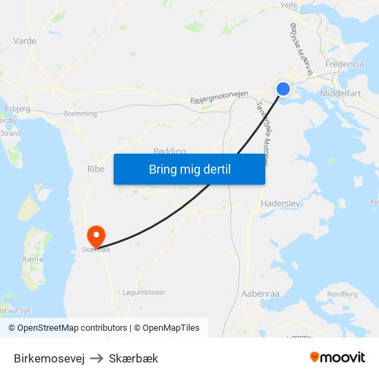 Birkemosevej to Skærbæk map