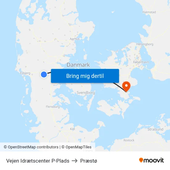Vejen Idrætscenter P-Plads to Præstø map