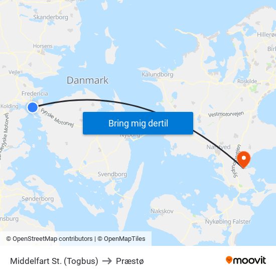 Middelfart St. (Togbus) to Præstø map