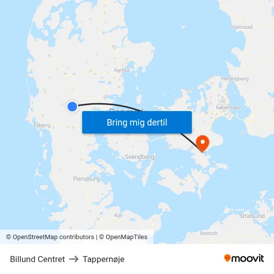 Billund Centret to Tappernøje map