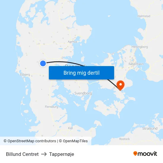 Billund Centret to Tappernøje map