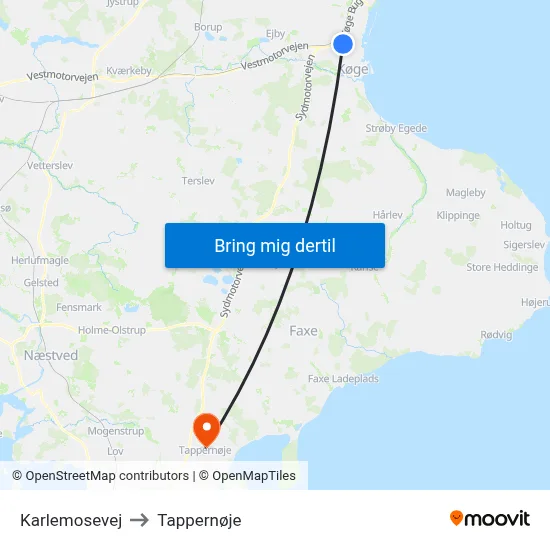 Karlemosevej to Tappernøje map