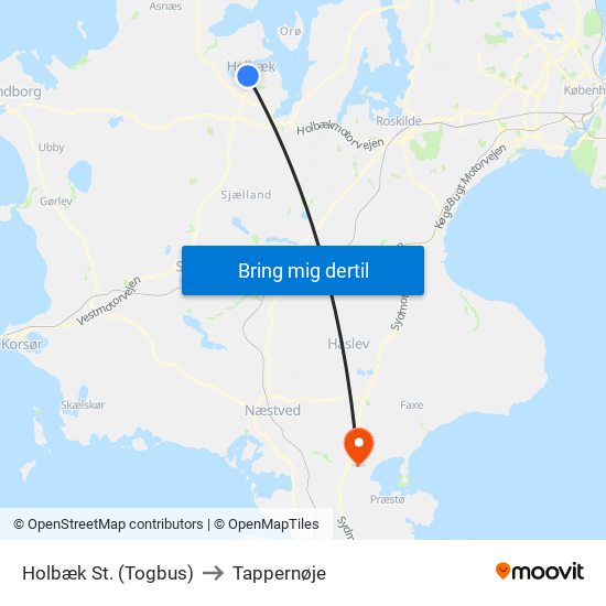 Holbæk St. (Togbus) to Tappernøje map