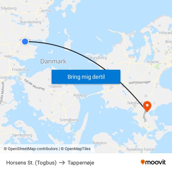 Horsens St. (Togbus) to Tappernøje map