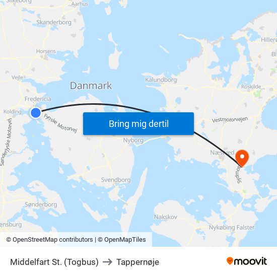 Middelfart St. (Togbus) to Tappernøje map