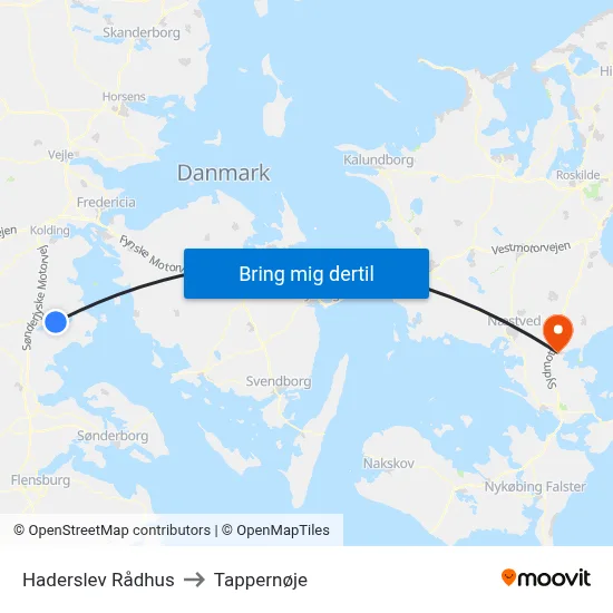 Haderslev Rådhus to Tappernøje map