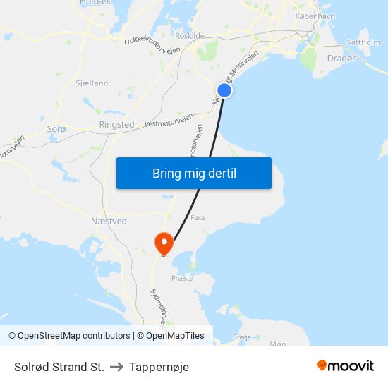 Solrød Strand St. to Tappernøje map