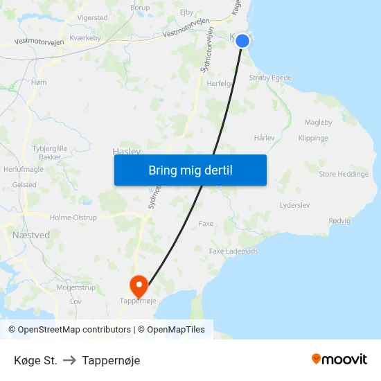 Køge St. to Tappernøje map