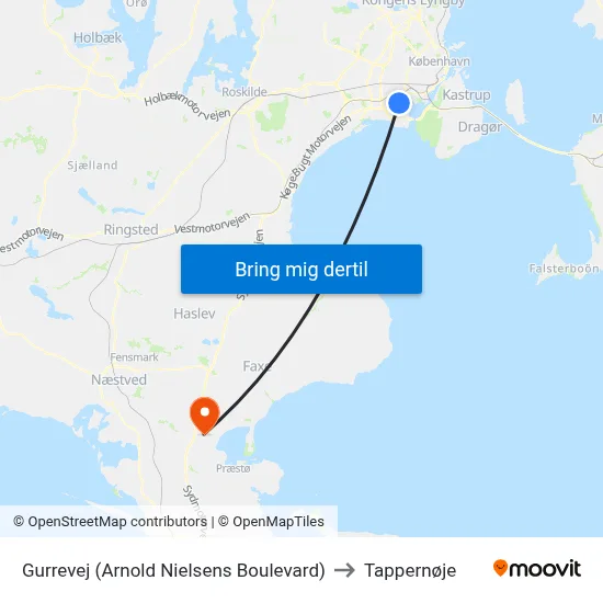 Gurrevej (Arnold Nielsens Boulevard) to Tappernøje map