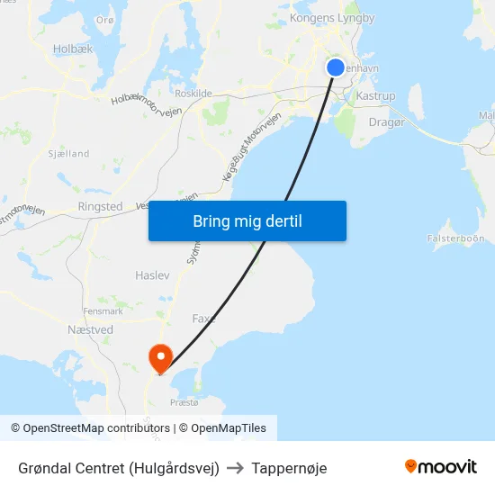 Grøndal Centret (Hulgårdsvej) to Tappernøje map