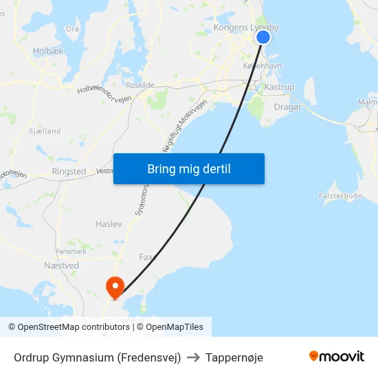 Ordrup Gymnasium (Fredensvej) to Tappernøje map