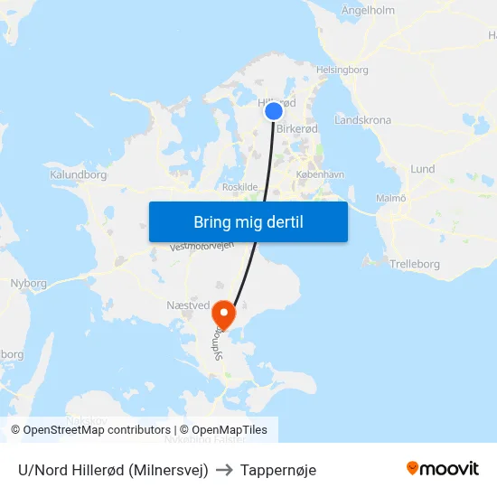 U/Nord Hillerød (Milnersvej) to Tappernøje map