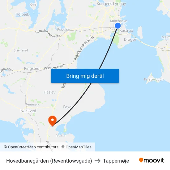 Hovedbanegården (Reventlowsgade) to Tappernøje map