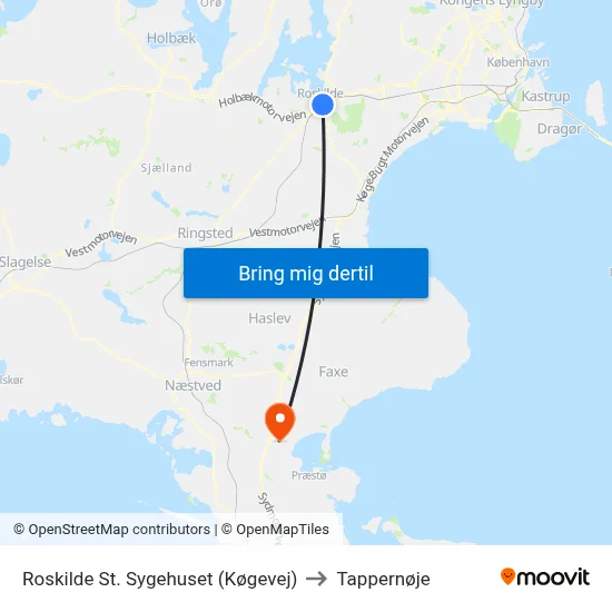 Roskilde St. Sygehuset (Køgevej) to Tappernøje map