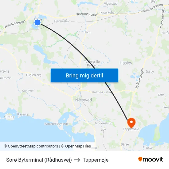 Sorø Byterminal (Rådhusvej) to Tappernøje map