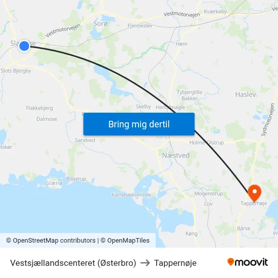 Vestsjællandscenteret (Østerbro) to Tappernøje map