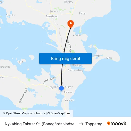 Nykøbing Falster St. (Banegårdspladsen) to Tappernøje map