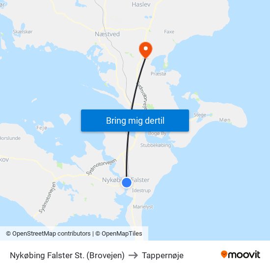 Nykøbing Falster St. (Brovejen) to Tappernøje map